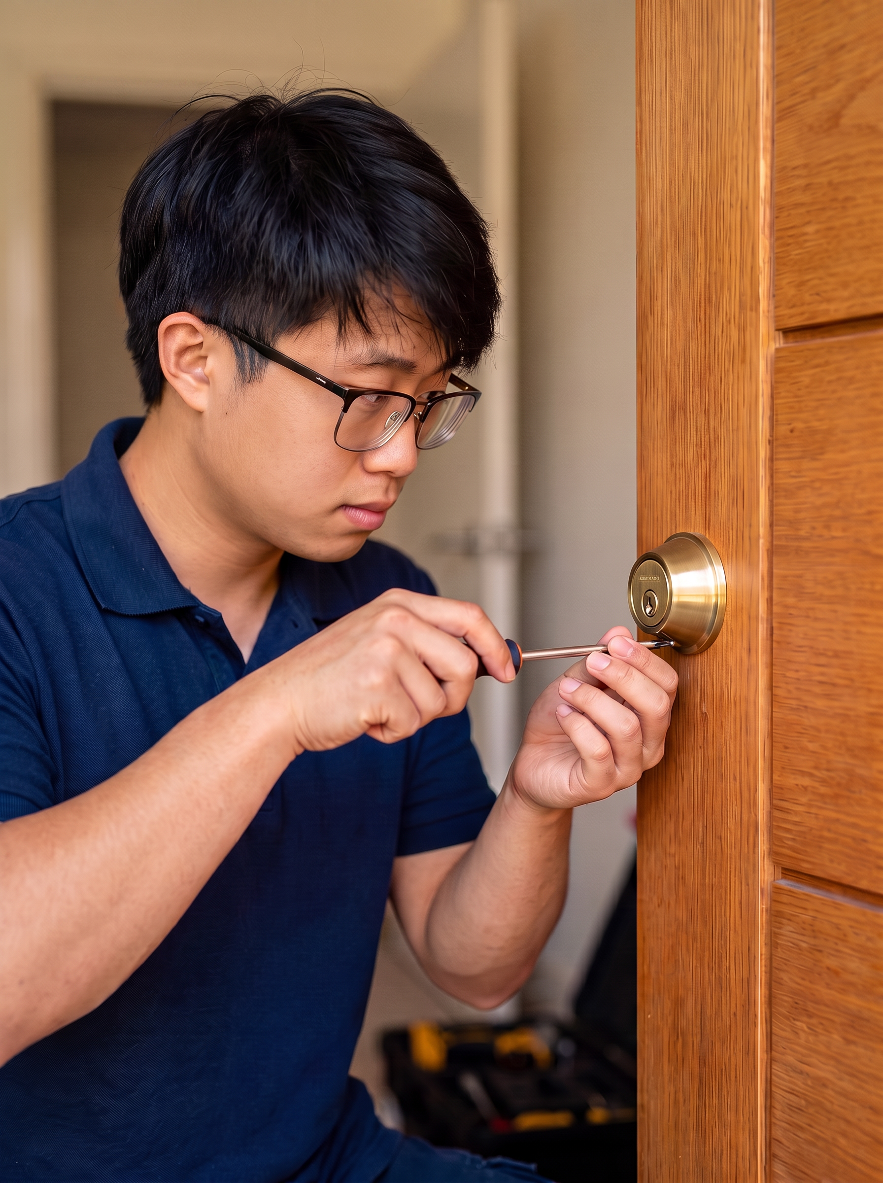 Professional locksmith installing a door lock